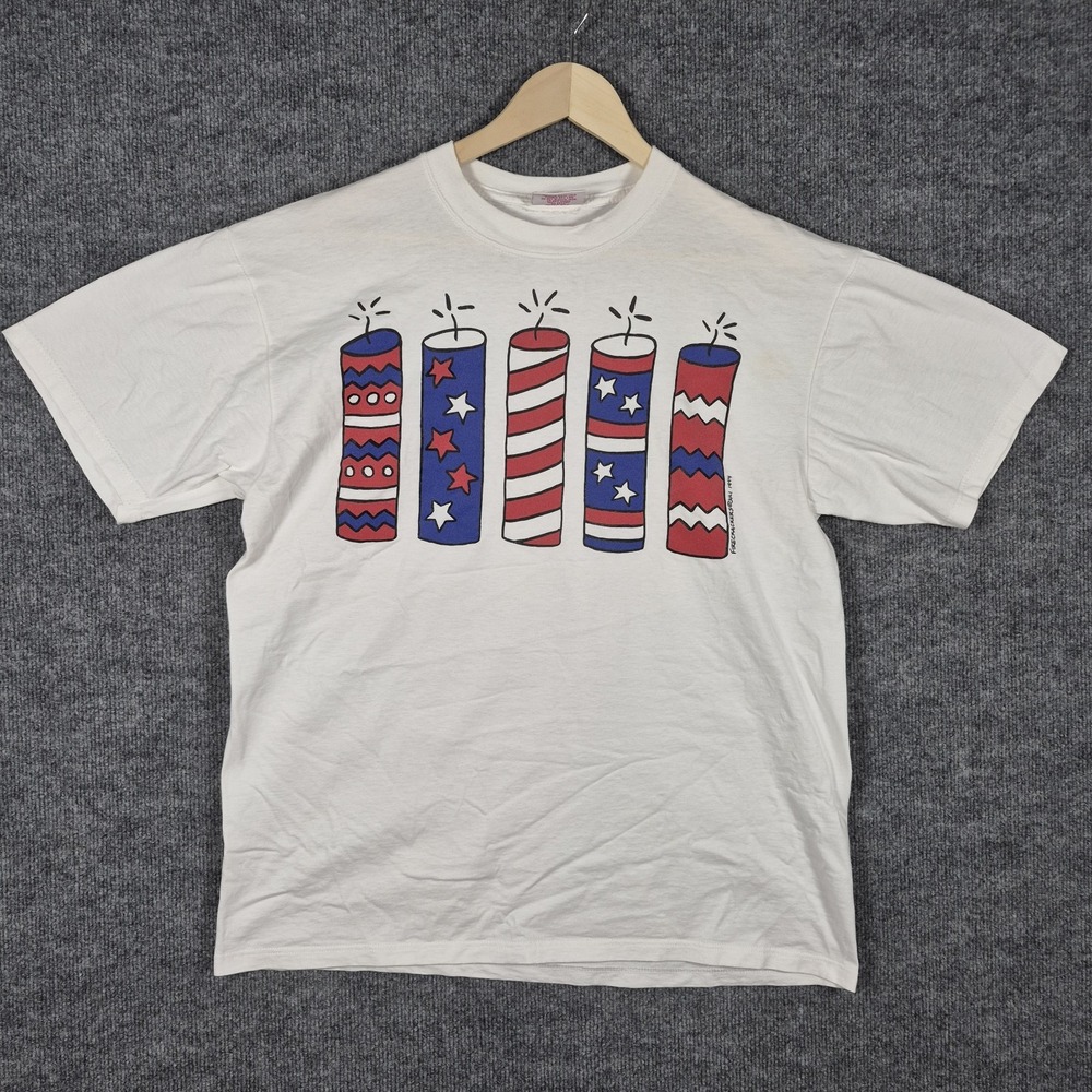 VTG 1994 Juli Firecracker Short Sleeve Shirt Mens Szโ L Made in USA 4th of July